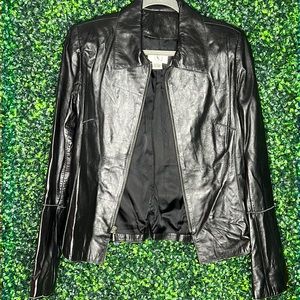 Vintage VS2 black 100% leather zip up jacket with split bell sleeves, Sz…